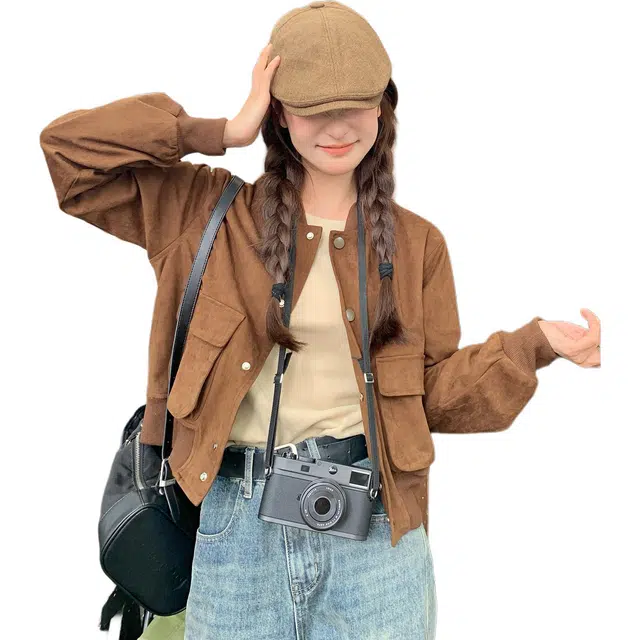 邦固依品 慵懒风外套女春秋款休闲百搭麂皮绒短款棒球服上衣秋季夹克 女款