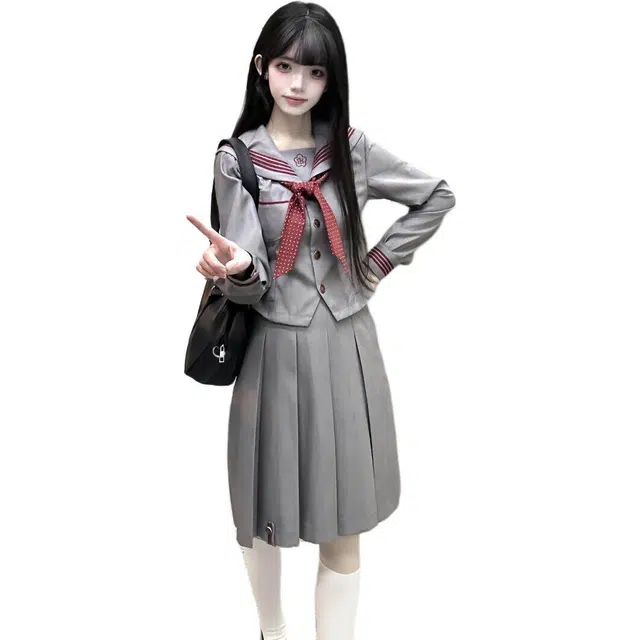 敲模女孩 韩系学院风红襟线收腰长袖水手服外套搭百褶裙裙装套装 女款