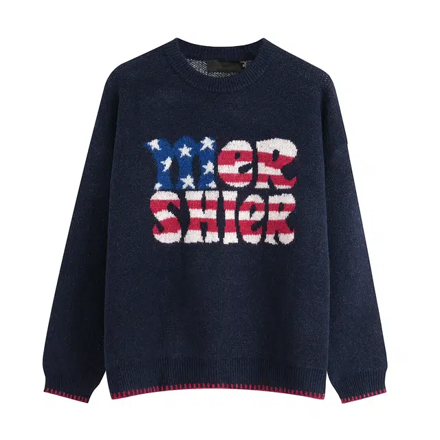 虫小绿 美式复古潮流字母提花小众设计无性别日常通勤百搭宽松休闲时尚高级感慵懒风个性街头情侣款套头圆领毛线衣针织衫 男女同款