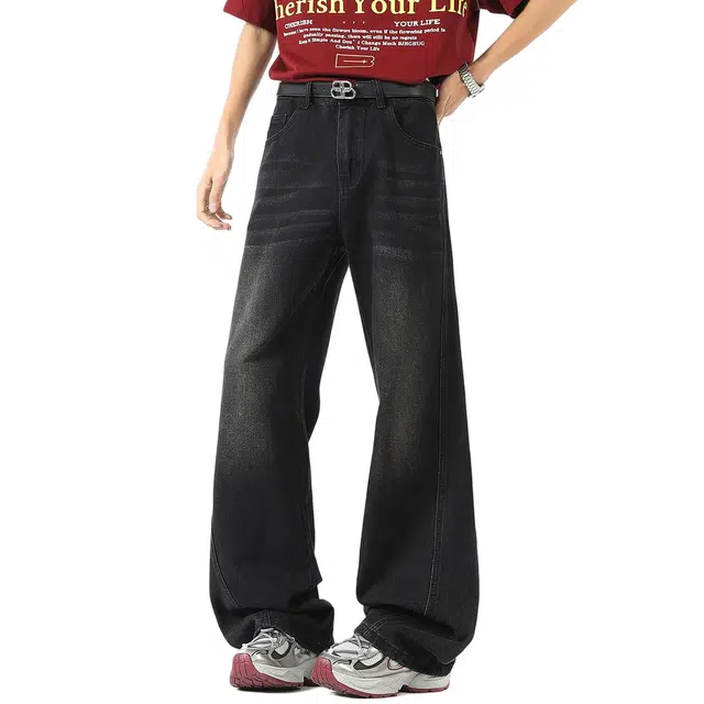 棉基因 复古做旧水洗基础款美式高街舒适亲肤透气通勤百搭挂件修饰微喇直筒牛仔裤 男女同款