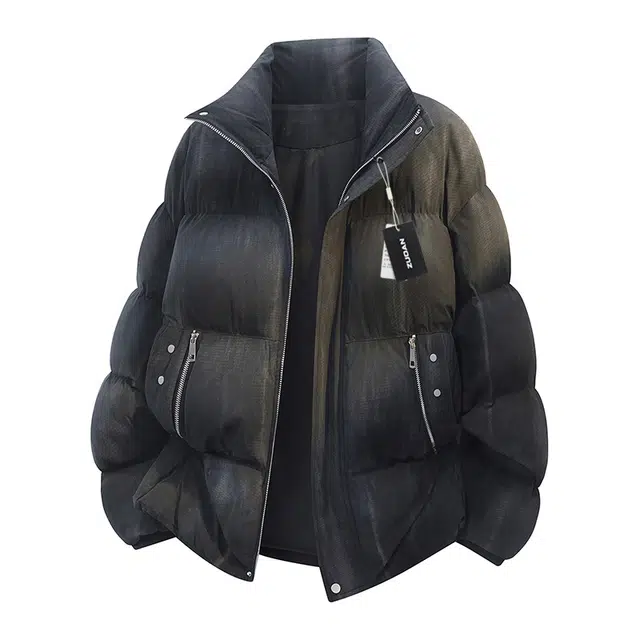 左岸 秋冬加厚棉衣立领面包服保暖宽松设计感扎染涂鸦印花潮牌棉袄加肥加大码胖子装外套棉服 男款