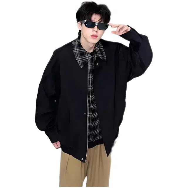 木木兔美式宽松外套 假两件复古翻领高级感潮牌痞帅夹克 儿童款