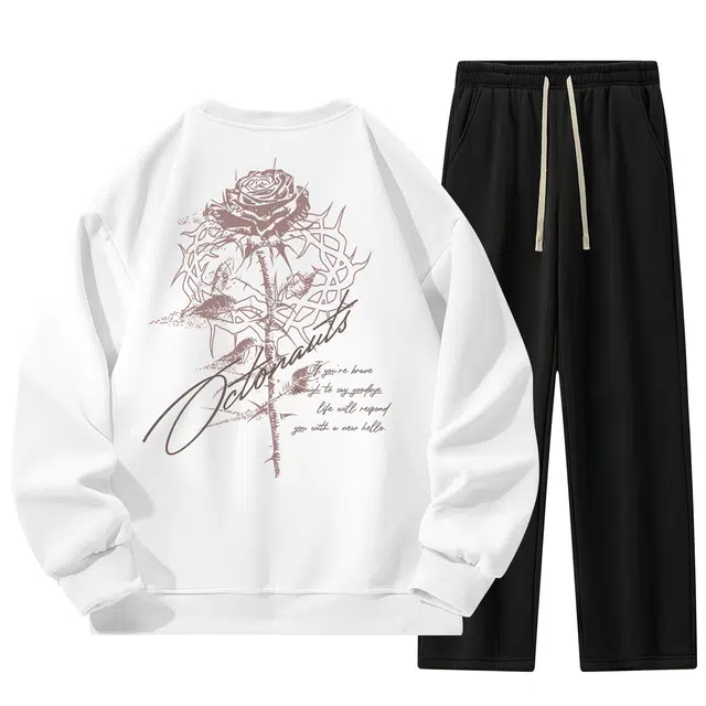 海底小纵队 美式高街手绘网格涂鸦玫瑰艺术手签后背印花宽松潮流套头圆领长袖上衣阔腿抽绳系带中腰百搭休闲运动套装 男女同款