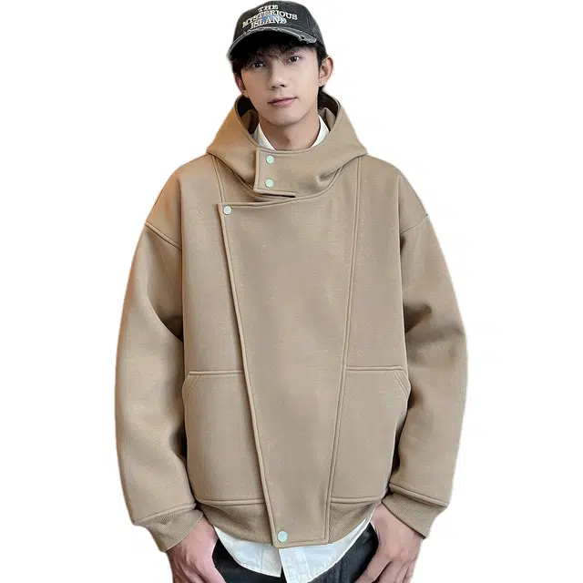 洋气先生 美式复古高街时尚潮流百搭学院风不规则结构款日常通勤休闲简约基础款潮牌透气舒适柔软慵懒氛围感开衫连帽加绒外套夹克 男女同款