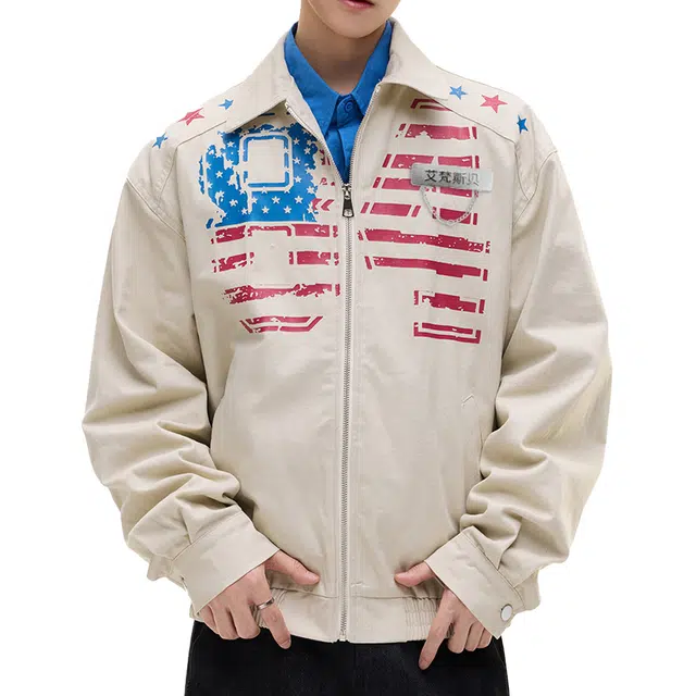 艾梵斯贝 美式复古潮流字母旗帜印花小众设计款无性别日常通勤百搭宽松休闲时尚高级感潮酷个性街头高街风翻领夹克 男女同款