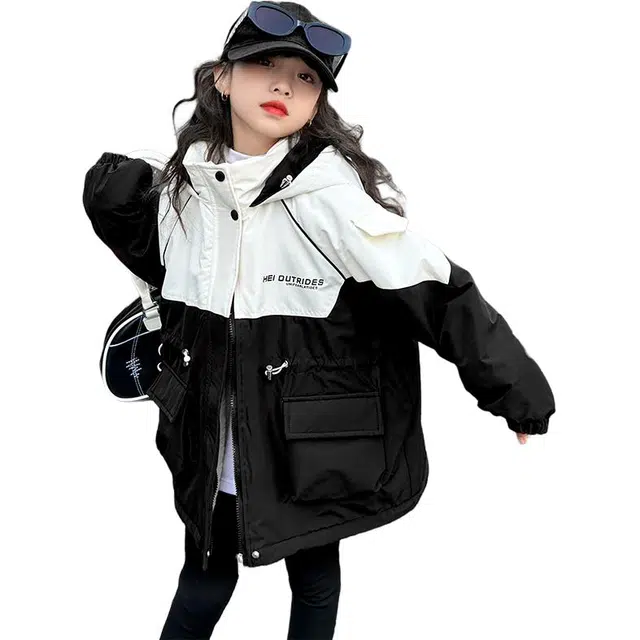 帕兰朵 派克服 女童时尚潮流百搭字母拼色加绒加厚保暖冲锋衣外套秋冬款洋气冬装宝宝兔毛棉服 青少年