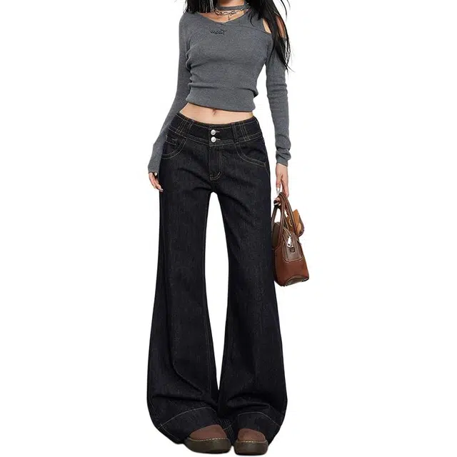 如续 美式复古辣妹风设计感直筒裤低腰丹宁色修身不贴腿显瘦垂感微喇牛仔裤 女款