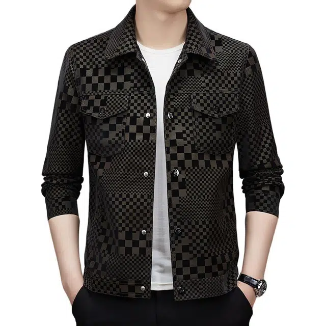 卡丹狄诺 潮流时尚痞帅年轻款棋盘格翻领皮夹克外套男单排扣铆钉挺括有型轻奢高级感皮衣 男款