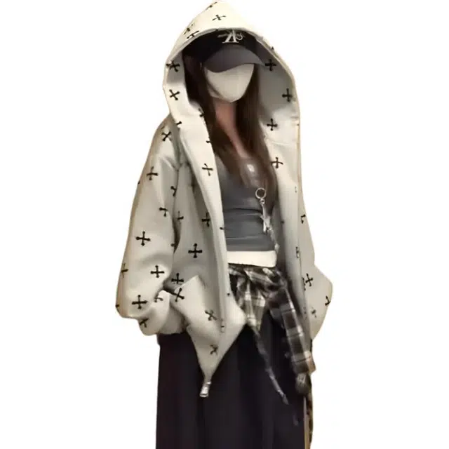 小卷要加油 美式复古满印涂鸦连帽开衫女春秋宽松慵懒风小众拉链外套 卫衣 男女同款