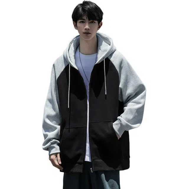 洋气先生 美式复古休闲时尚潮流高街百搭学院风简约基础款潮牌透气舒适柔软慵懒氛围感开衫连帽撞色插肩袖加绒外套卫衣 男女同款