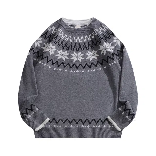 虫小绿 美式复古秋冬款费尔岛提花毛衣外套宽松百搭慵懒风休闲情侣套头上衣针织衫 男女同款