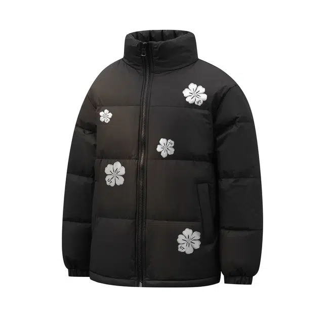 物质公式 鸭绒美式复古高街仿万针刺绣花卉字母印花设计感小众无帽潮流宽松百搭休闲户外通勤加厚保暖锁温御寒不臃肿面包服羽绒服 男女同款