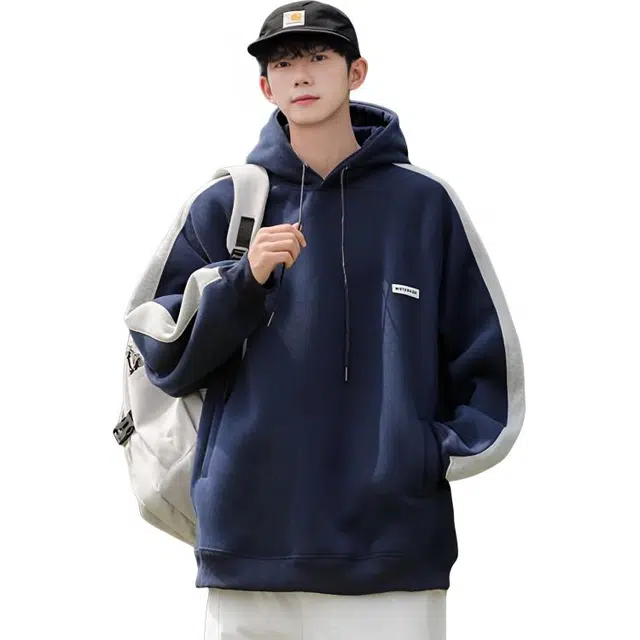 笔杏 美式复古条纹拼接连帽拼色学院风街头宽松百搭痞帅休闲慵懒卫衣 男女同款