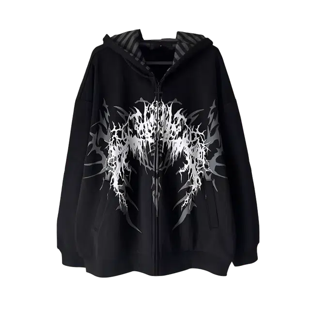 笔杏 美式复古街头潮流嘻哈哥特风宽松舒适拼接印花翅膀连帽开衫小众个性对称设计日常通勤亲肤情侣卫衣 男女同款
