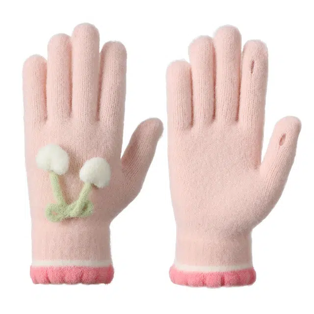 南极人 可爱毛线针织保暖冬季加绒厚防寒露指可触屏冬天骑车防风御寒防冻手 加厚 绒线手套 女款