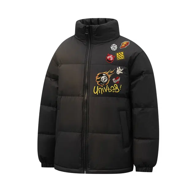 物质公式 鸭绒美式复古高街仿刺绣火焰徽章骷髅头字母印花小众设计无帽潮流宽松百搭休闲户外通勤加厚保暖御寒不臃肿面包服羽绒服 男女同款