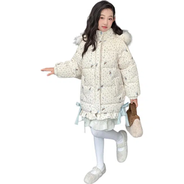 帕兰朵棉衣 女童时尚舒适保暖甜美棉服中长款儿童冬装女宝宝初中生加厚女孩外套 青少年