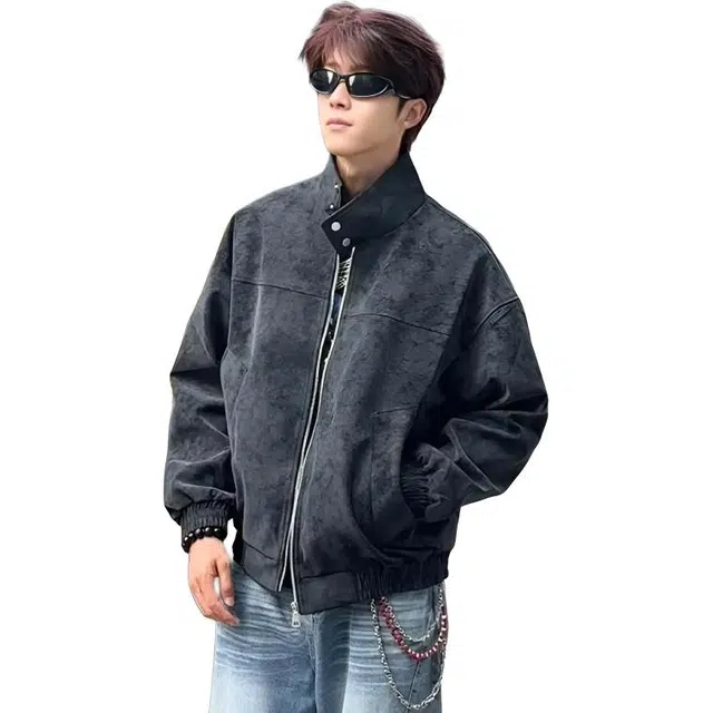 单爵 美式扎染立领高级感痞帅机车服长袖夹克外套 男女同款