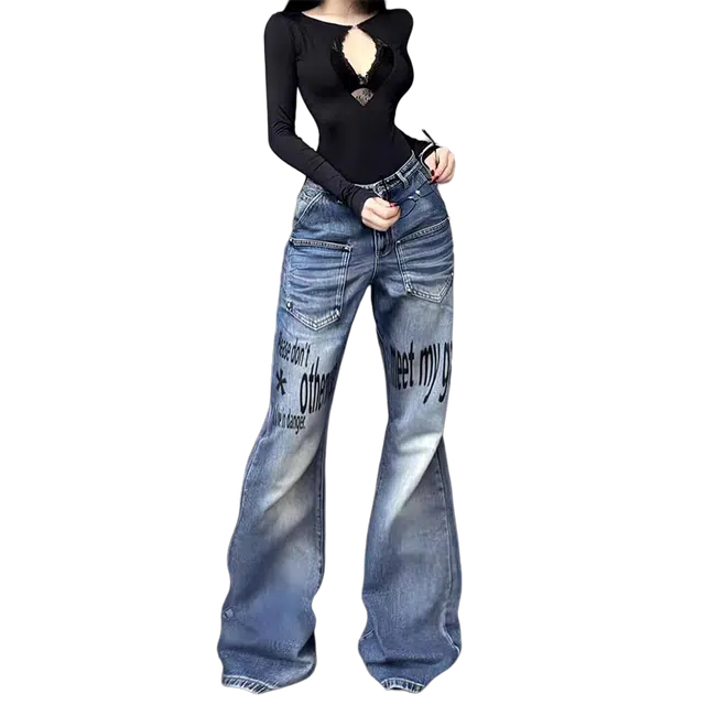 一碗士多 铆钉口袋水洗做旧英文压花美式复古高街时尚流行痞帅个性高级设计日常通勤宽松舒适百搭牛仔裤 男女同款