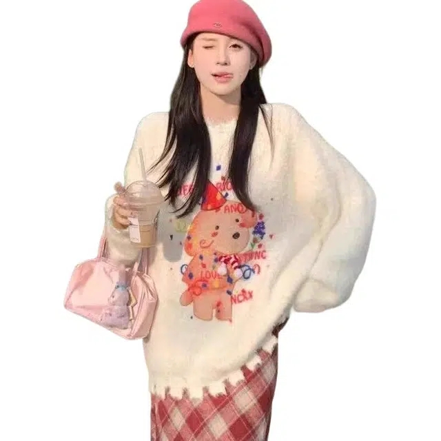 纤丝鸟 设计感复古甜心狗狗印花圆领氛围感宽松衫针织衫 女款