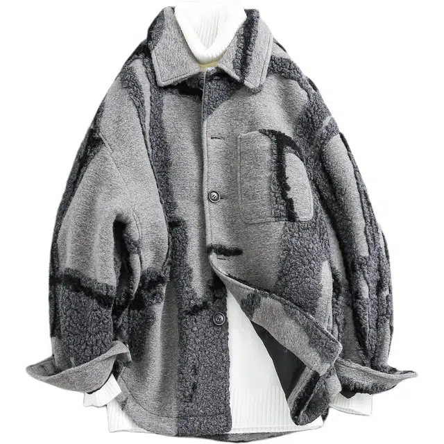宫奴 日系复古潮牌设计感不规则撞色立体纹理羊毛呢大衣 男女同款
