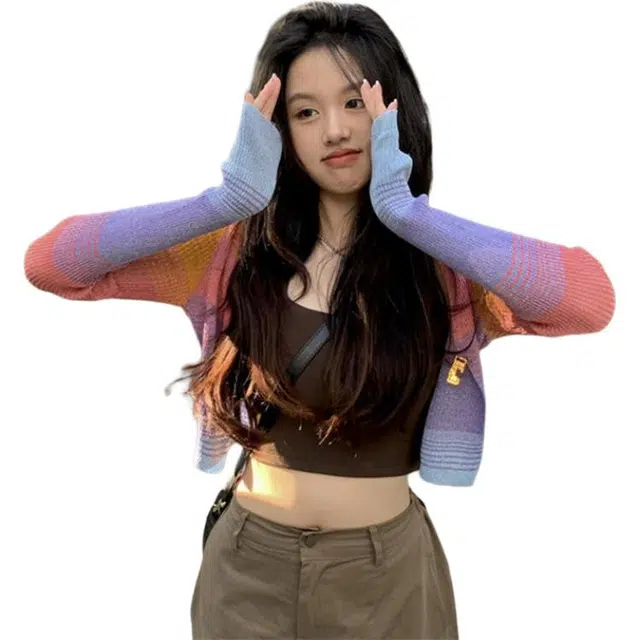 纤丝鸟 港味彩色开衫别致小外套短款修身甜辣上衣针织衫 女款