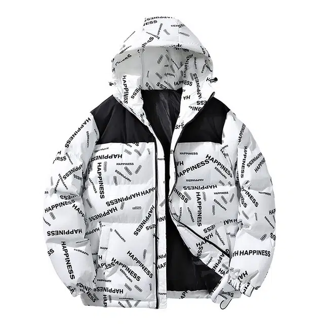 棉基因 冬季满印字母撞色连帽优质棉棒球服保暖高个小个子日系男简约潮流夹棉袄子美式高街工装风青少年职场通勤学院风棉衣外套 男女同款