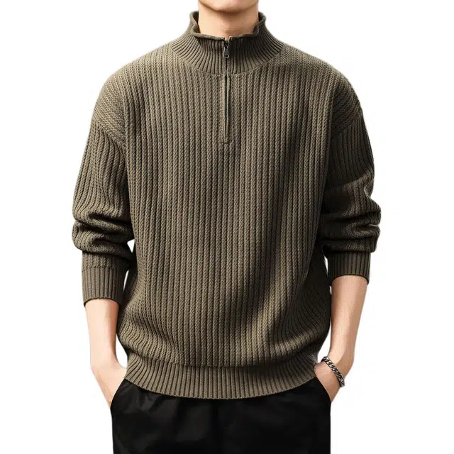 贵色 美式大码毛线衣设计感半拉链休闲潮流高领纯色上衣针织衫 男女同款