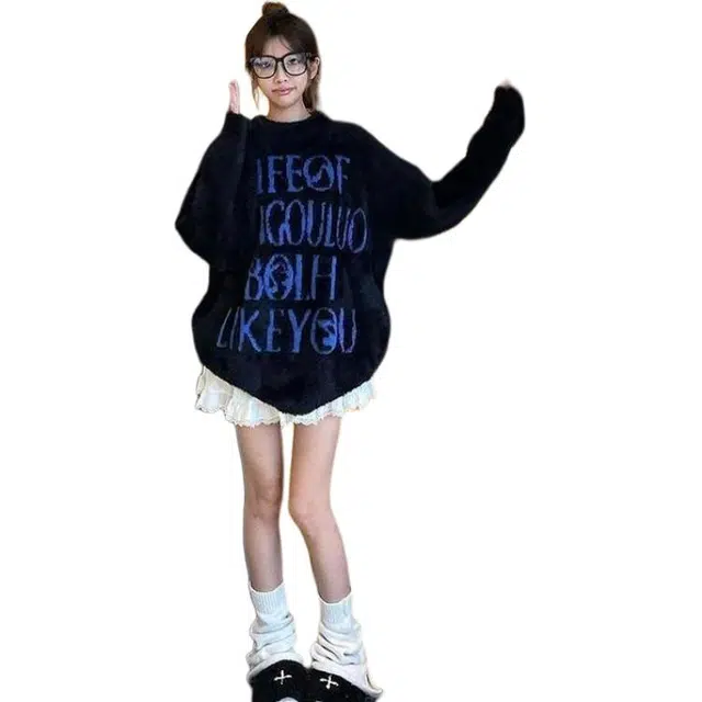 纤丝鸟 美式复古字母提花衫学生宽松软糯套头上衣针织衫 女款