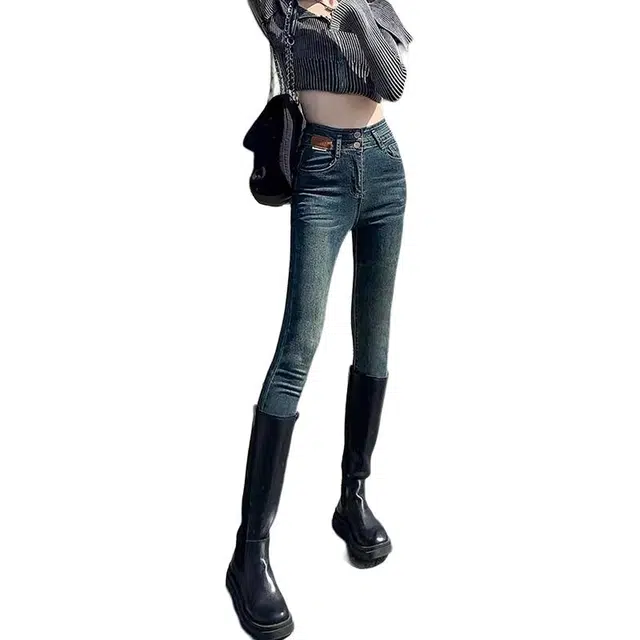 如续 潮流设计感个性高腰锥形裤百搭修身保暖牛仔裤 女款