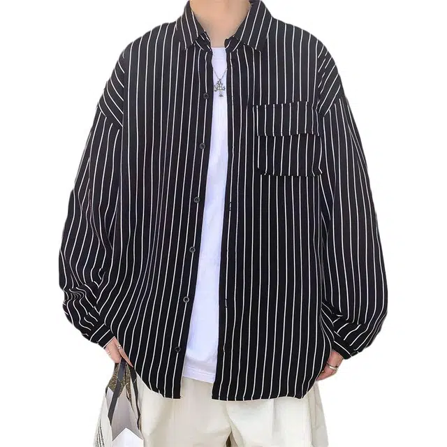 宝米卡 条纹宽松大码帅气潮牌半袖衬衣上衣外套百搭衬衫 男女同款
