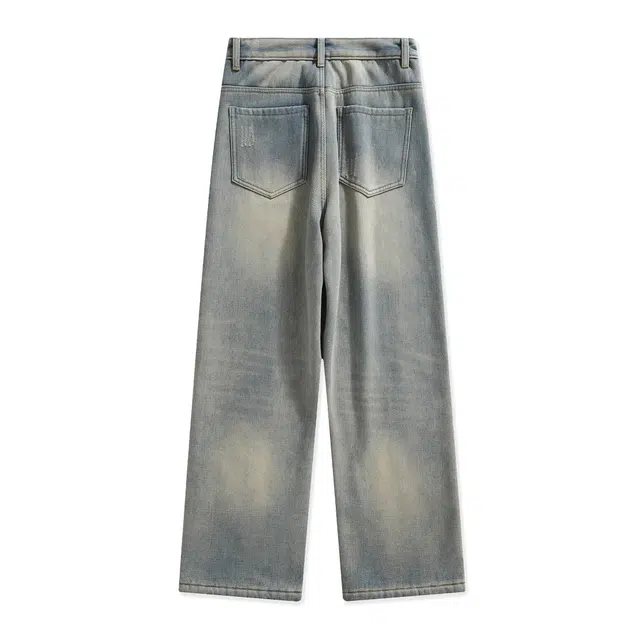 范索米 冬季加绒款 美式潮流基础百搭直筒阔腿休闲牛仔裤 男女同款