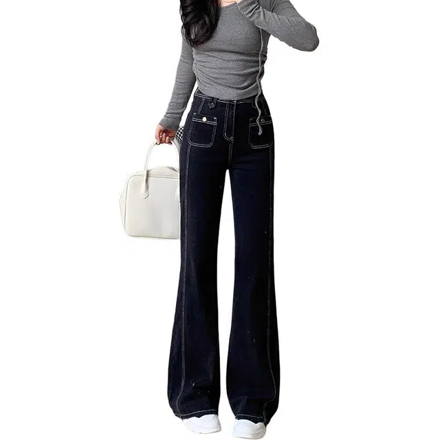 如续 复古潮流小众时尚多口袋喇叭裤设计感弹力撞色线拖地百搭牛仔裤 女款