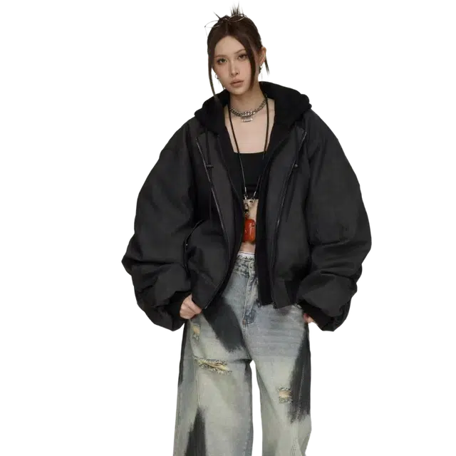 一碗士多 假两件纯色连帽系带小众高级设计感宽松休闲舒适百搭无性别主义防风保暖潮流情侣日常城市户外通勤出街拍照简约风皮衣 男女同款