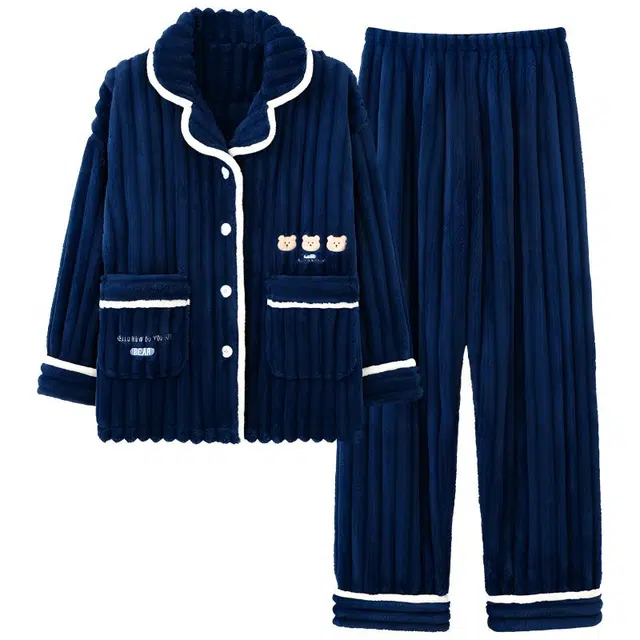 莫代尔 珊瑚绒加绒加厚秋冬季法兰绒家居服可外穿大码女士保暖睡衣套装 女款