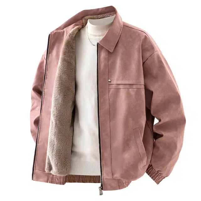 顶峰保罗 美式潮牌加绒加厚宽松休闲纯色高级感上衣外套秋冬季情侣款防风保暖潮流百搭翻领夹克 男女同款