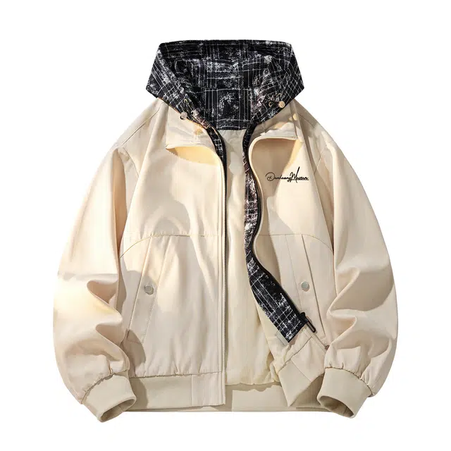 敦煌博物馆 美式复古高街基础款假两件格子撞色连帽拉链户外防风街头痞帅校园风宽松舒适百搭夹克外套 男女同款