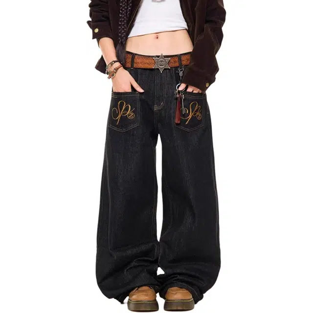 如续 美式复古反穿设计感弯刀街头宽松廓形阔腿拖地牛仔裤 女款