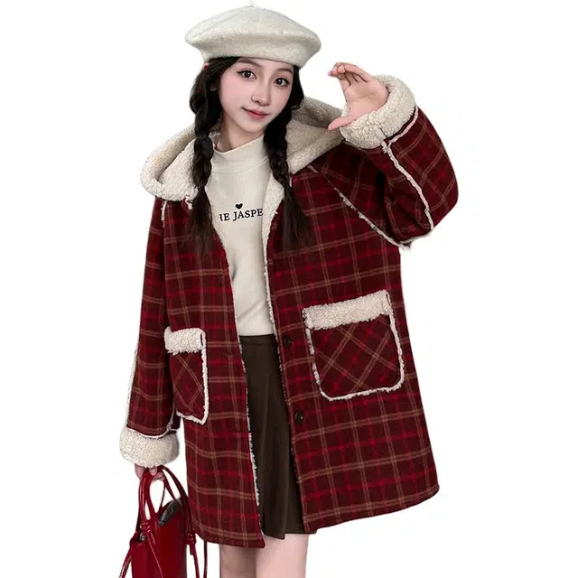 蓝彩何格子中长款呢大衣