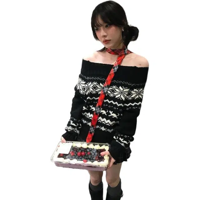 纤丝鸟 美式提花复古一字设计衫宽松套头上衣外套针织衫 女款