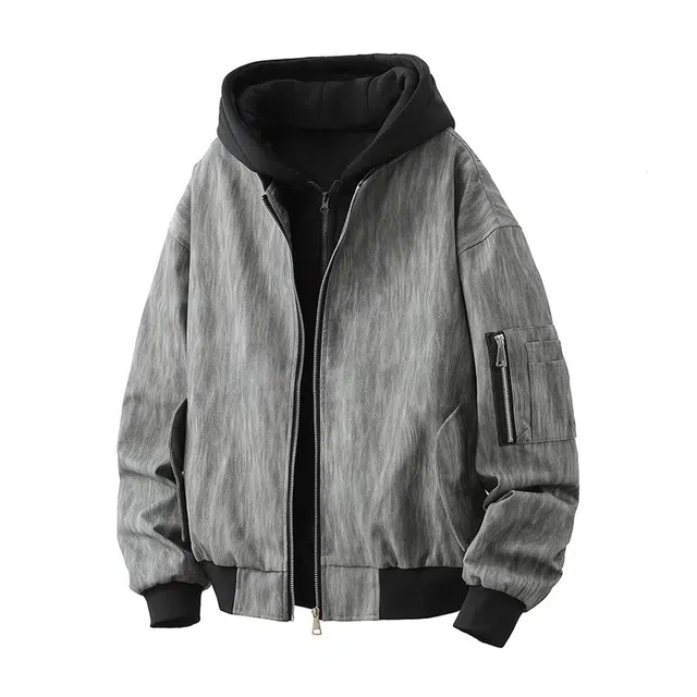 佐菲利 美式高街假两件棒球服设计感连帽卫衣外套纹理皮衣夹克 男女同款