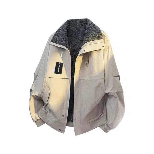 左岸 加绒加厚夹克港风时尚潮牌百搭拉链开衫翻领羊羔绒上衣加肥加大码休闲宽松秋冬防风保暖棉袄外套棉服 男款