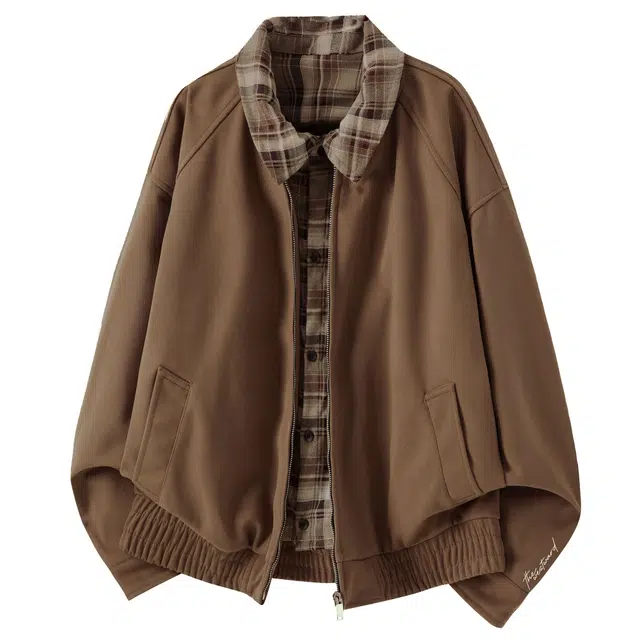 西行纪 美式复古高街格子纹假两件翻领拼接撞色设计美拉德色系外套日常宽松休闲百搭高级质感无性别主义开衫长袖夹克 男女同款