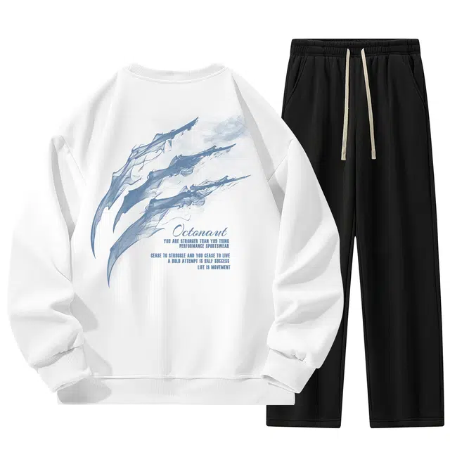 海底小纵队 两件套创意街头美式高街爪痕印记水墨烟雾图案印花抽绳系带阔腿裤落肩圆领百搭宽松套头学院风休闲运动套装 男女同款