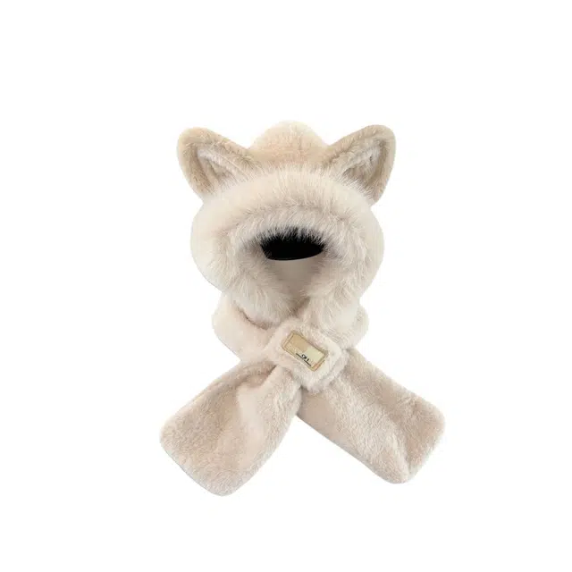 艾佳微 秋冬氛围慵懒感围巾脖一体毛绒可爱保暖加绒加厚骑车护耳狐狸耳朵 仿兔毛 绒线帽 男女同款情侣款