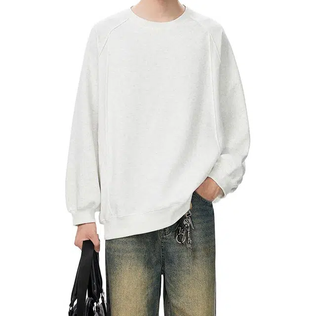 加荣 美式复古解构拼接斜杠圆领潮牌百搭长袖衫纯色基础款打底衫痞帅潮流宽松慵懒感卫衣 男女同款