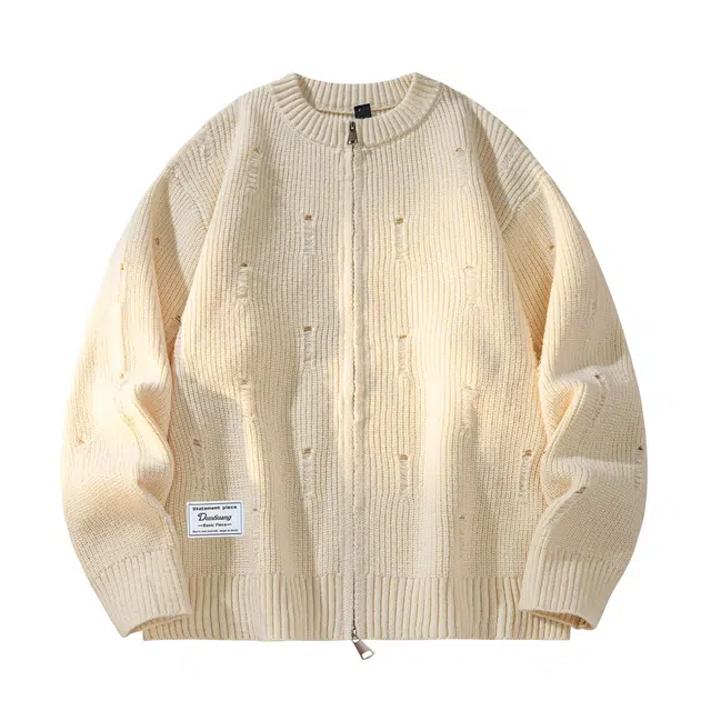 敦煌博物馆 日系复古简约织唛标百搭个性磨破设计痞帅舒适柔软亲肤日常通勤高级感拉链针织开衫外套毛衣 男女同款