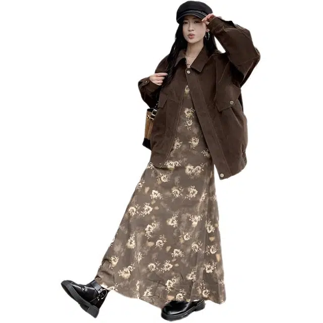 小卷要加油 复古休闲百搭长袖外套法式碎花显瘦吊带连衣裙秋季女 裙装套装 女款