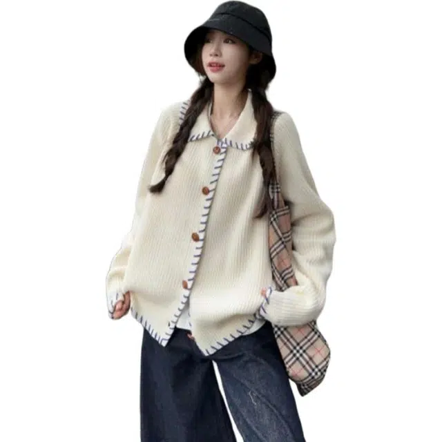 小卷要加油 设计感撞色翻领衣外套秋季韩系慵懒宽松开衫上衣针织衫 女款
