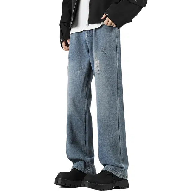 棉基因 破洞复古基础纯色垂感宽松阔腿高街美式做旧水洗休闲运动显瘦街头风牛仔裤 男女同款